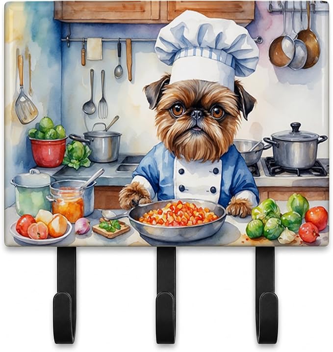Caroline's Treasures Brussels Griffon The Chef Leash or Key Holder Wall Hooks, Key Hooks Holder, Coat Rack Wall Mount, Coat Hooks, Hooks for Hanging Keys, Towels, Aprons, Leashes | Brussels Griffon The Chef artwork on ceramic tile with three steel hook...