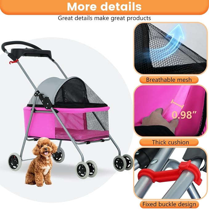 BestPet Foldable Pet Stroller for Small/Medium Dogs and Cats Up to 33 lbs | 4-Wheel Stroller Pet Strolling Cart w/ Breathable Mesh, Lockable Rear Wheels, Cup Holder/Tray & Storage Box, Pink