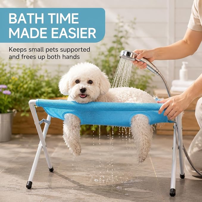 Pet Grooming Hammock for Dogs with Stand, Foldable Metal Frame and Breathable 8-Hole Mesh Restraint, Portable Bathing, Nail Trimming and Ear Cleaning Station for Small Dogs and Cats，Pink