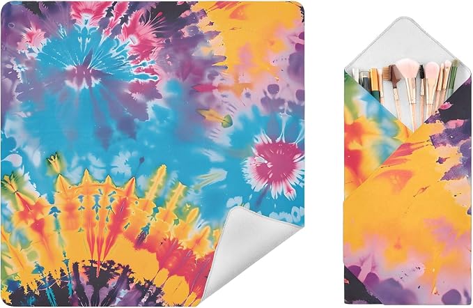 JIPONI Tye-dye Rainbow Makeup Bag, Self-Adhesive Magic Wrap Cloth, Portable Cosmetic Organizer, Camera Lens Protector, Travel Storage for Beauty Essentials, 13.8"x13.8"