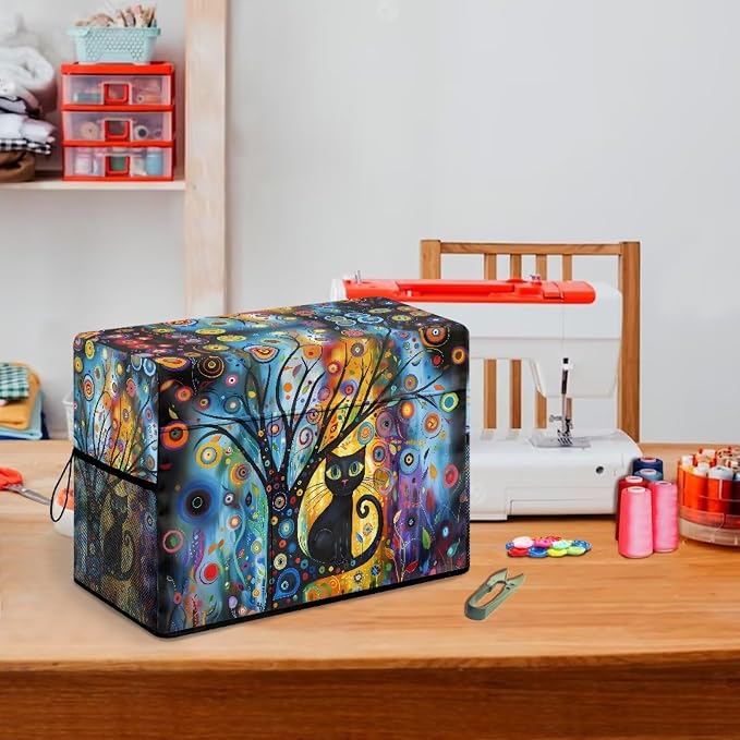 Abstract Art Cat Sewing Machine Cover with Storage Pocket, 17.7 x 8.6 x 12.6 inches, Heavy-Duty Water-Resistant Fabric, Dust & Pet Hair Protection, Fits Brother, Singer, Janome
