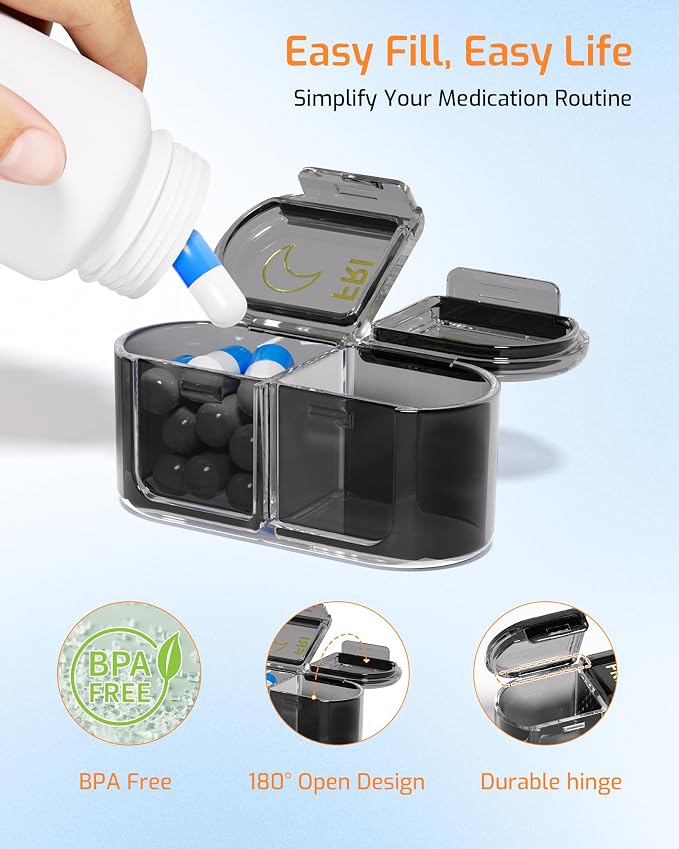 Daviky Pill Organizer 2 Times a Day, AM PM Pill Organizer Box Weekly 7 Day | Portable Travel Pill Organizer, Cute & Compact, Easy-Open Large Compartments, Reusable for Pills, Vitamins & Supplements