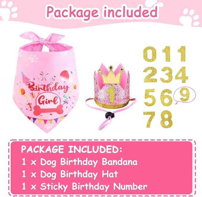 Rensh Dog Birthday Party Supplies, Dog Birthday Bandana Hat with Numbers for X-Large Large Small Pets, Multi Size Birthday Decorations for Dogs and Cats (Pink, Large)