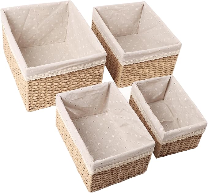 Tissting 4-Piece Woven Straw Baskets Set, Multiple Sizes - Versatile Storage Organizers for Bedroom, Bathroom, Office, Laundry, with Handles for Easy Carrying
