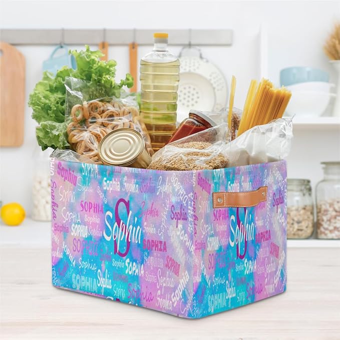 Personalized Storage Bins, Customized Name Storage Basket Rectangle Clothes Organizer for Organizing Kids and Pets Toys Shelf Closet, Blue Pink Galaxy Watercolor