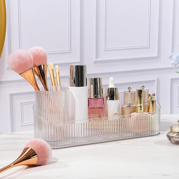 DASITON Makeup Brush Holder Organizer with 4 Cup, Vintage Striped Make Up Brush Holder for Vanity, Bathroom Toothbrush Holders, Acrylic Cosmetic Brushes Storage Organizer Pen Holder (Clear+Clear)