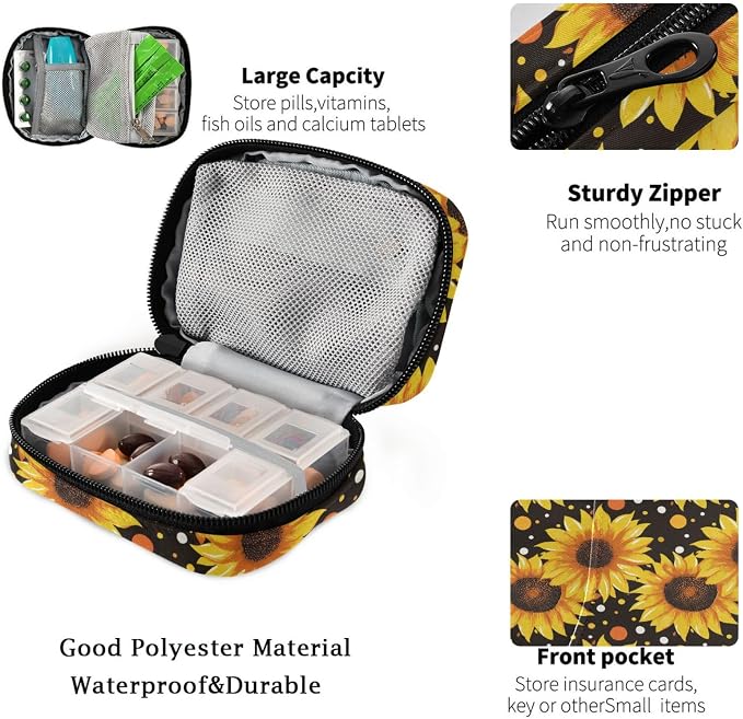Fustylead Vibrant Yellow Sunflowers on Black Background Pill Organizer Case with Zipper 2 Times A Day for Vitamin and Supplement, 7 Day Travel Organizer Medicine Case