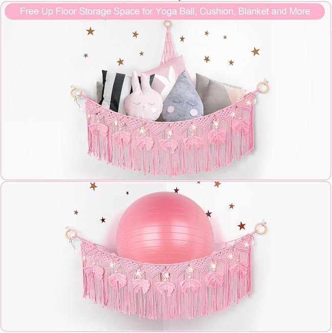Macrame Stuffed Animal Storage with Star Light, Corner Hammock for Nursery | Corner Hanging Stuffed Animal Net Organizer for Girls' Room, Plushies Toy Wall Hanging Display Holder, Kid Gift