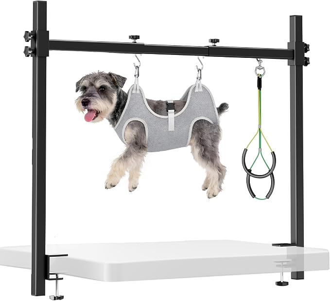 H Shape Dog Grooming Arm for Table, S Size Hammock, 42" H, 31-43" W | Heavy Duty, Adjustable Grooming Stand, Clamp Fits up to 2.76", with Hammock & 2 Nooses for Home Grooming & Nail Trimming