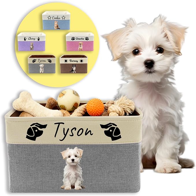 Personalized Dog Toy Storage Basket with Photo Name | Custom Dog Food Organizer Fabric Bins for Clothes Blankets Dolls-Grey