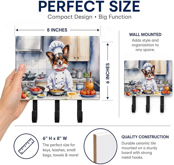 Caroline's Treasures Papillon The Chef Leash or Key Holder Wall Hooks, Key Hooks Holder, Coat Rack Wall Mount, Coat Hooks, Hooks for Hanging Keys, Towels, Aprons, Leashes | Papillon The Chef artwork on ceramic tile with three steel hooks for keys, leas...