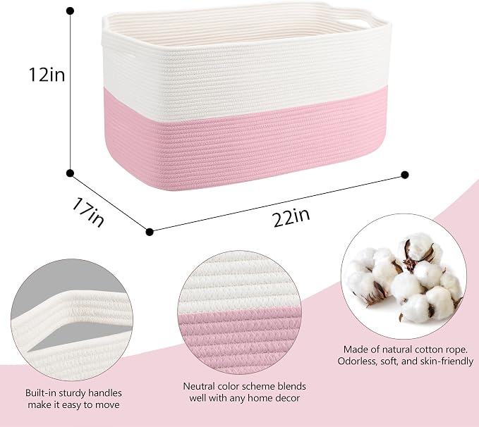 MEGASKET Large Pink Storage Basket, 22" x 17" x 12" Rectangle Cotton Rope Bin for Organizing, Woven Blanket storage for Living Room, Kids Toy Bin Box, Decorative Nursery Storage, Pink Room Decor