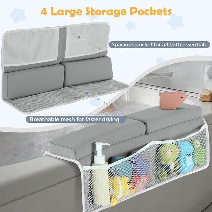 Baby Bath Kneeler and Elbow Rest Pad Set, Gray | 1.5" Thick Soft Memory Foam, Bath Toys Organizer, Non-Slip, Quick-Dry, Foldable, Gift for Parents