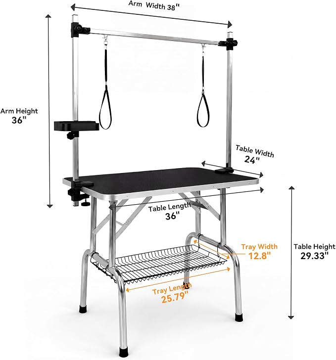 36" Foldable Dog Grooming Table with Adjustable H-Frame Arm & 2 Nooses, Heavy-Duty Stainless Steel Frame, Non-Slip Top, Tool Caddy and Mesh Tray, Black