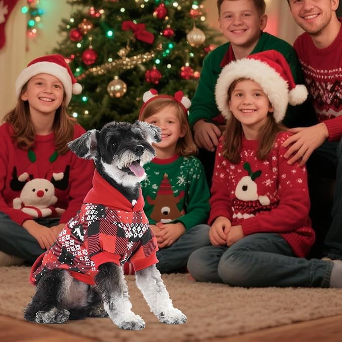 KOOLTAIL Christmas Dog Hoodie,Red Plaid Pet Clothes Sweater with Leash Hole&Pocket for Small Medium Large Dogs, Soft Winter Warm Dog Cold Weather Coat, Fleece Puppy Hooded Sweatshirt for Boys Girls,XL