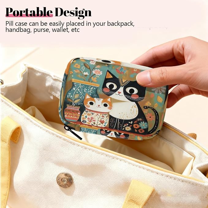 Weekly Pill Organizer Travel Size Bag with Removable 7 Day Pill Box Portable Vitamin Case Purse with Zipper,Two Cats Floral Decoration