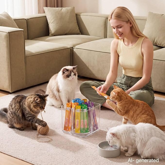 Rotating Cat Food Organizer, Acrylic Lazy Susan 4 Slot Lickable Wet Cat Treat Container for Countertop, Cabinet & Pantry (Clear Square)