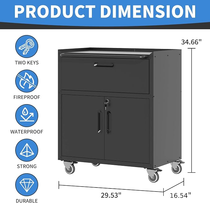Metal Storage Cabinet for Garage, Tool Cabinet, Utility Cabinet | Wheeled, Rolling Tool Cabinet, Lockable, 2 Doors,1 Drawer, Top Countertop, Assembly Required, Black