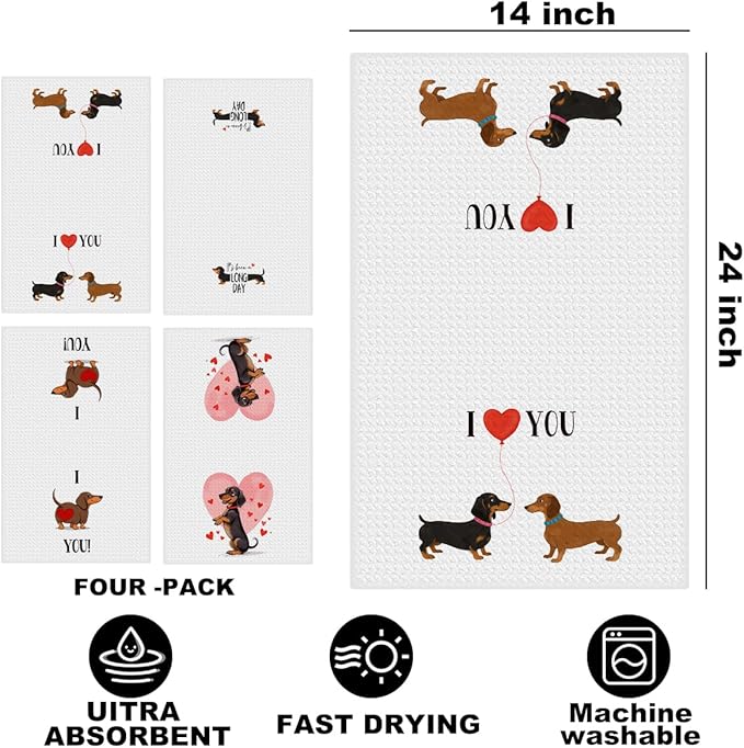 4 Pcs Dachshund Kitchen Towels 24x14 Inch, Dachshund Gifts Reusable Dish Towels for Kitchen Bathroom Decor, Waffle Weave I Love You Hand Cloth Tea Towel, Cute Dog Valentine's Gifts for Girlfriend Wife
