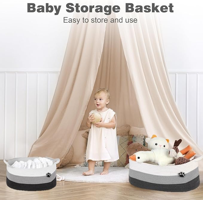 Optish 25L Dog Toy Basket,16.5" x 11" x 9" Medium Toy Storage Box and Bin with Handles, Woven Rope Foldable Basket for Blankets, Living Room, Bedroom, Home Decor, White & Grey
