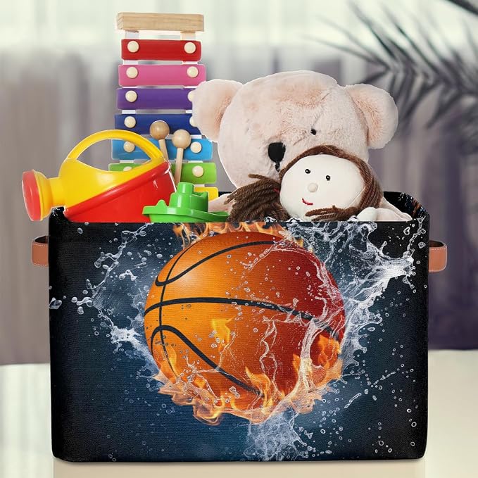 SEULIFE Ball Basketball Sport Foldable Storage Basket, Large Collapsible Organizer Storage Bin Cube Toys Storage Boxes with Handles for Bathroom Kids Nursery Closet Storage, 1 Pack