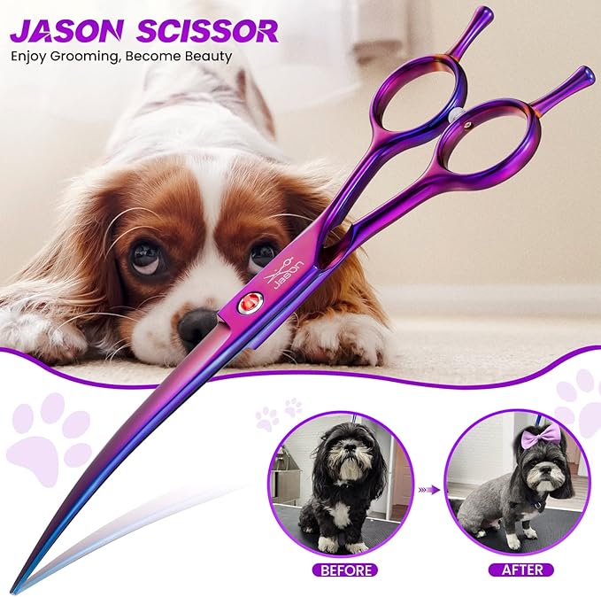 JASON 7" Dog Grooming Scissor - Professional Down-curved Shear with Ergonomic Handle Japanese Stainless Steel Trimming Scissor for Dogs, Cats and Other Pets, Sharp (Curved, Purple) Christmas Gift