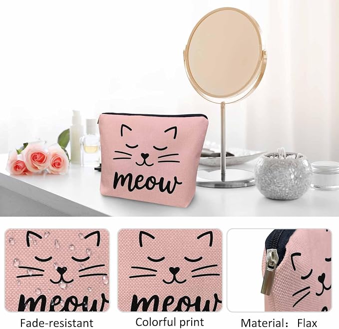 Cat Cute Cosmetic Bags For Women, Funny Kitten Cat Face Meow Roomy Makeup Bag Toiletry Bag Accessories Organizer Storage Bags Makeup Pouch For Travel Business Gym Camping Bathroom, Pink