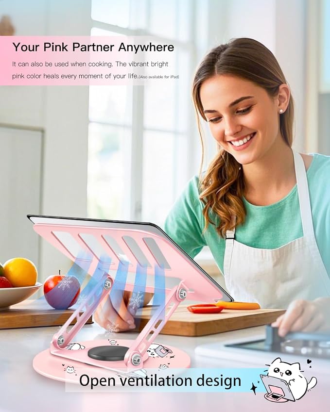 Upgraded Pink Swivel Laptop Stand - 360° Rotating Base & Foldable|Cute Dog Patterns for Healing Vibe|Fits MacBook & 13-15" Laptops|Ideal for Desk Work,Office,Travel,Home,Painting