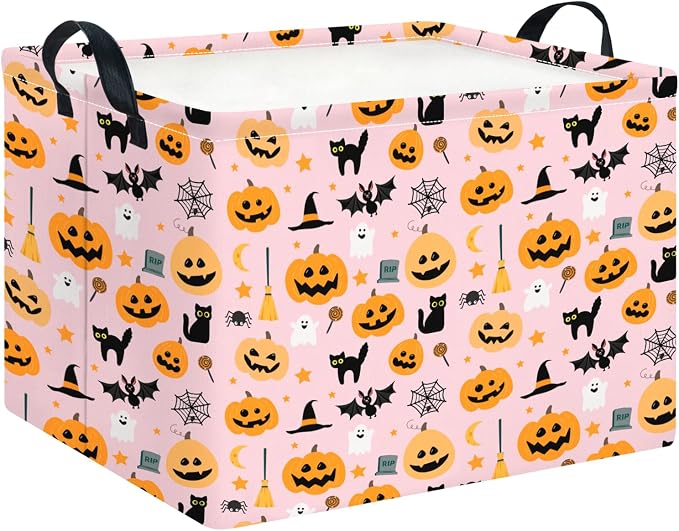 Rectangle Storage Basket with Handles,Collapsible Storage Bin,Books Box,Gift Basket(Pink Cat Halloween)