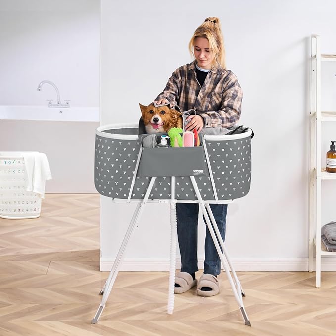 VEVOR Portable Dog Bathtub Foldable Pet Shower Station with Drain, Grey | for Washing and Grooming Small and Medium Dogs and Cats Indoors or Outdoors, with Efficient Drainage and Space-Saving Storage