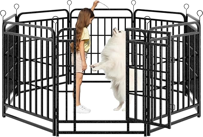 Kfvigoho Heavy Duty Dog Fence Outdoor 8 Steel Panels 32" Height | Square Steel Pipe with Reinforced Crossbars, 18FT 25 Sq.ft Portable Dog Fence Outdoor for Yard & RV Camping, Snowy Black