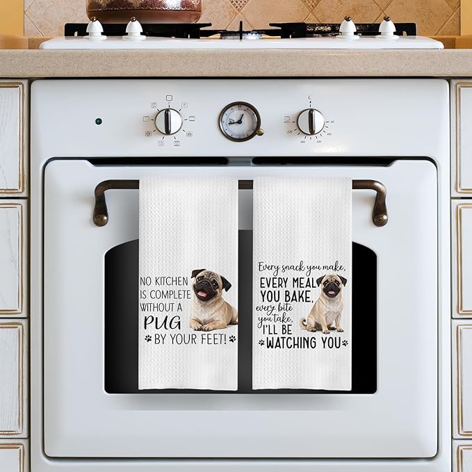 Pug Dog Kitchen Towels Set - Pug Gifts for Dog Lovers Women, Dogs Waffle Weave Hand Towels Dish Towels Decor, 16x24 Inch,Set of 2