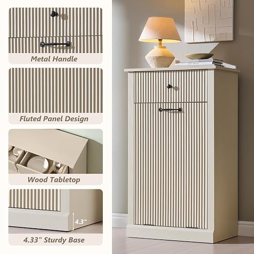 IFGET Tilt-Out Trash Can Cabinet, Modern Laundry Hamper Cabinet, Cream