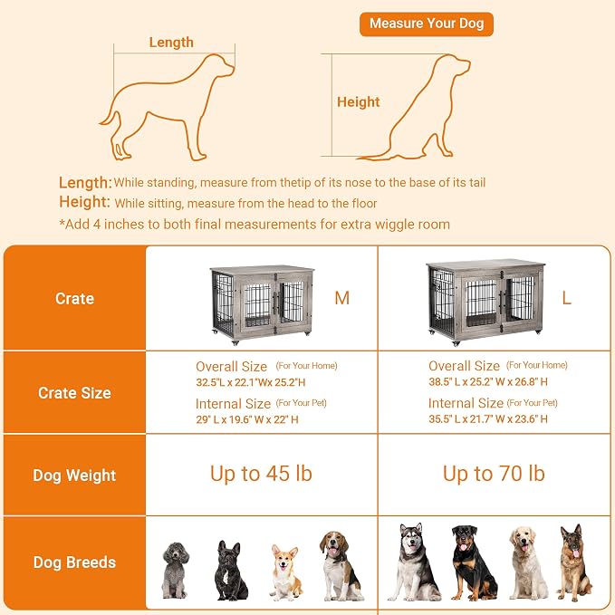 2 Pack Dog Crate Furniture,32'' Heavy Duty Kennel with Cushion & Wheels | Grey, Double Doors, Wooden Dog Cage, Chew-Resistant, End Table, Decorative, 27"/32"/38"/44" Options, Indoor