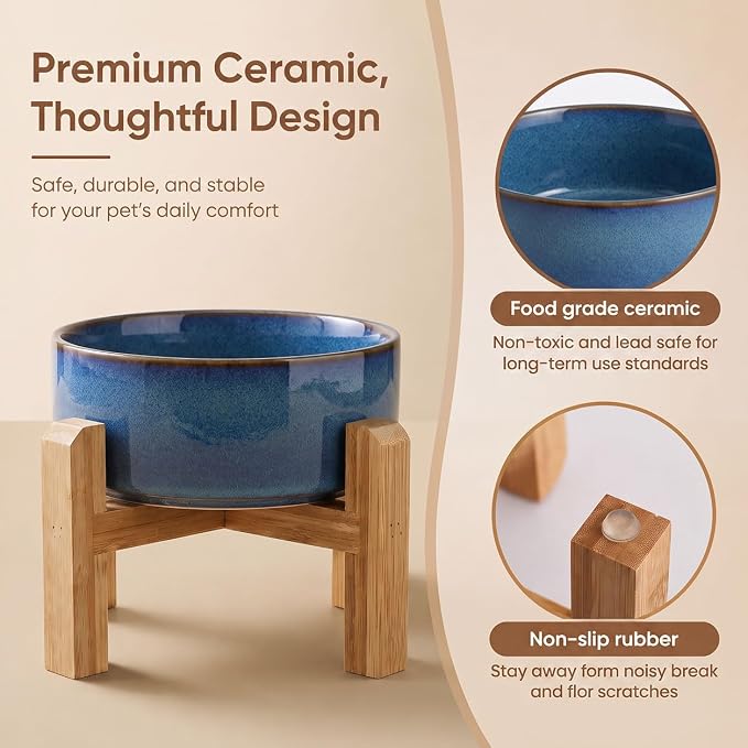 hjn Elevated Ceramic Dog Bowl with Bamboo Stand, Raised Pet Feeding Station for Small Medium Dogs Cats, Modern Design with Anti-Slip Base (Deep Blue, 3.6Cup)