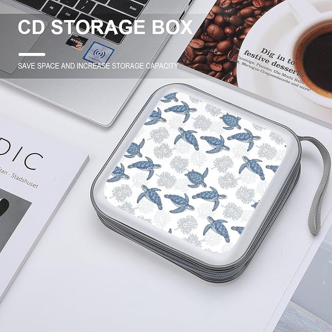 DVD Storage Binder for 40 Discs Sea Turtle Grass Natural Watercolor, Hard Shell Protective Wallet with Handle, Portable CD Organizer for Car Travel