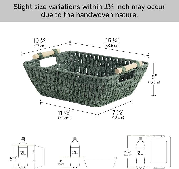 StorageWorks Wicker Storage Basket, Baskets for Storage, Bosana Green | Wicker Storage Baskets for Shelves, Baskets with Wooden Handles, 2-Pack Gifts Basket for Home Decor, Hand-Woven Basket