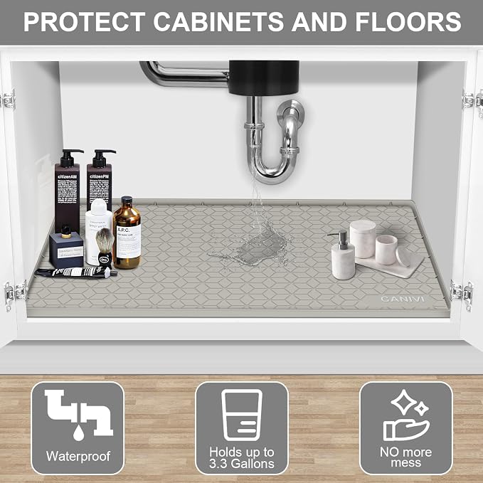 Under Sink Mat, 34"x22" Waterproof Tray for Cabinet, Holds 3 Gal | Silicone, Fits 36 inch Standard Cabinet,Leakproof & Easy Clean, Ideal for Kitchen & Laundry, Protects Shelf from Water Damage