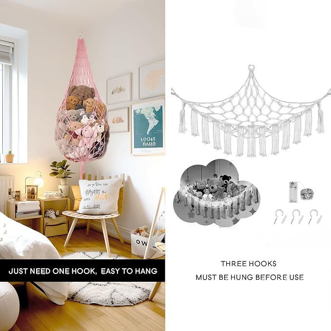 Amdermi Stuffed Animal Hammock Corner Hanging Net for Stuff Animal Storage Macrame Toy Display Plush Toy Holder-Perfect for Tiny Space Walls-Kid Bedroom Decor Nursery Playroom Organizer (Light Pink)