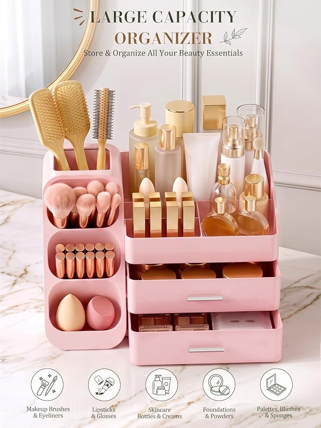 Pink Makeup Organizer with Drawer for Bathroom Countertop Dresser Desk | Large Capacity Make up Organizers for Vanity Counter, Easy To Storage Skincare, Perfume, Brushes, Psticks, Eyeshadow,Palettes