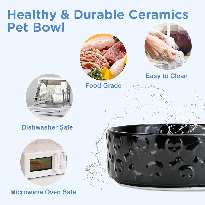 SPUNKYJUNKY Elevated Dog Bowls Ceramic, 8.3'' Dogs Food Water Bowls Raised with Non-Slip Bamboo Stand for Large Sized Breed Microwave Dishwasher Safe - 60 OZ,Skull Black