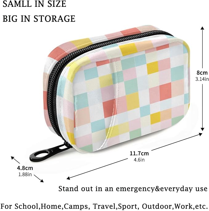 Fustylead Colorful Checkered Travel Pill Organizer Case Zipper for Purse with Removable Weekly Pill Box for Medicine, Vitamin, Supplement Medicine Organizer