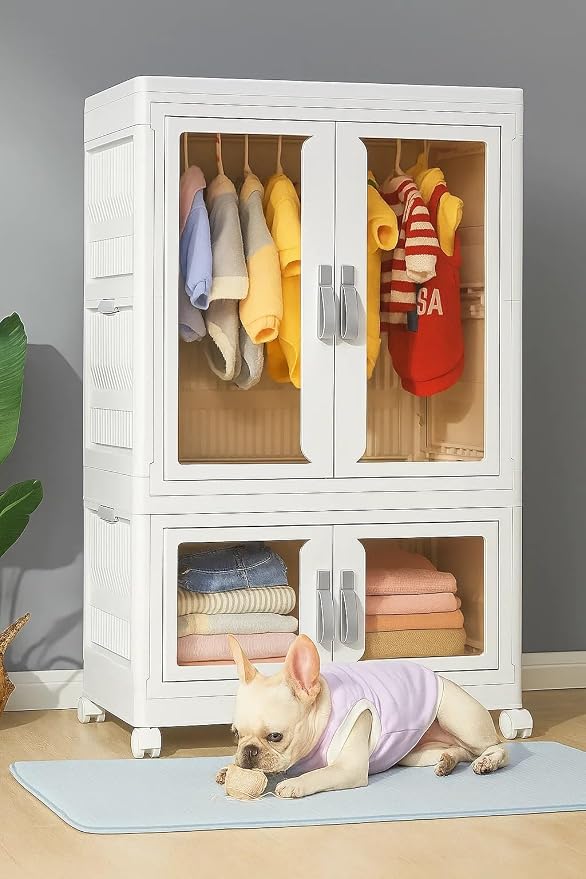 CXCJAI Pet Clothing Storage Cabinet with Hanging Rod Foldable Plastic Storage Bin 2-Tier Dog Clothes Organizer for Small Pets Lightweight, Waterproof– Portable Cat Wardrobe Closet