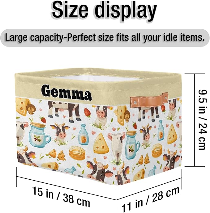 Custom Storage Basket, Personalized Name Rectangle Organizer Bin Cartoon Cow Cheese Milk for Pet/Children Toys, Books, Clothes, Perfect for Rooms/Playroom