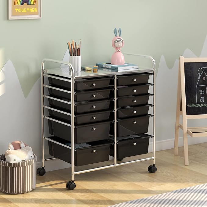 12 Drawer Rolling Storage Cart, Art Cart Organizer on Wheels, Mobile Utility Cart with Drawers, Multipurpose Craft Drawers for Home Office School Classroom (Black)