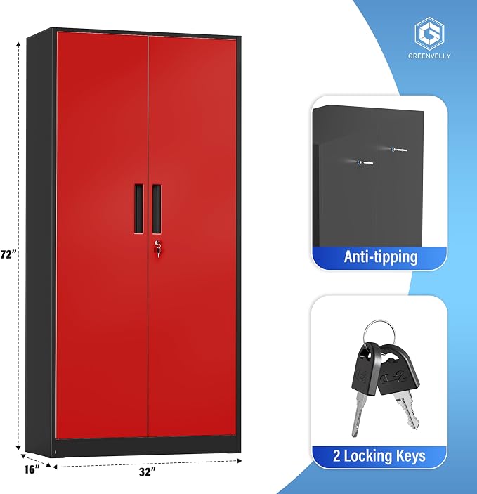 Greenvelly Metal Storage Cabinet with Doors and Shelves, 72" Inch Locking Metal Cabinet,Garage Storage Cabinet for Garage Office School Warehouse (Black Red)