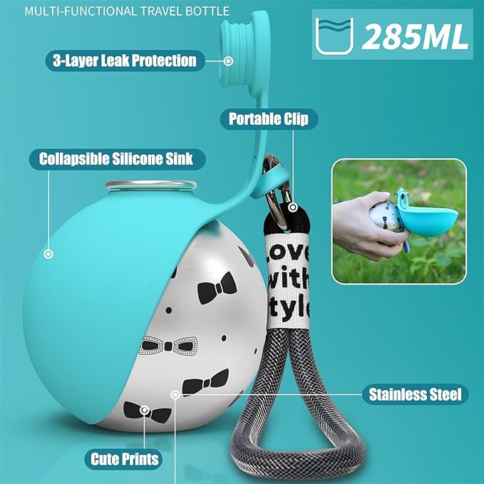 Gulpup the 2-in-1 Dog Water Bottle & Bowl, Portable Dog Water Bottle & Bowl, Leak-Proof, Compact & Foldable Pet Water Bottle with Silicone Bowl, 10oz for Walking & Travel - Stainless Steel (Blue)