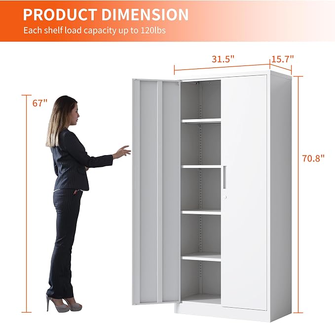 Metal Storage Cabinet for Garage, Tool Cabinet, Utility Cabinet | Tall Tool Cabinet, Lockable, 2 Doors, 4 Adjustable Shelves, Assembly Required, White
