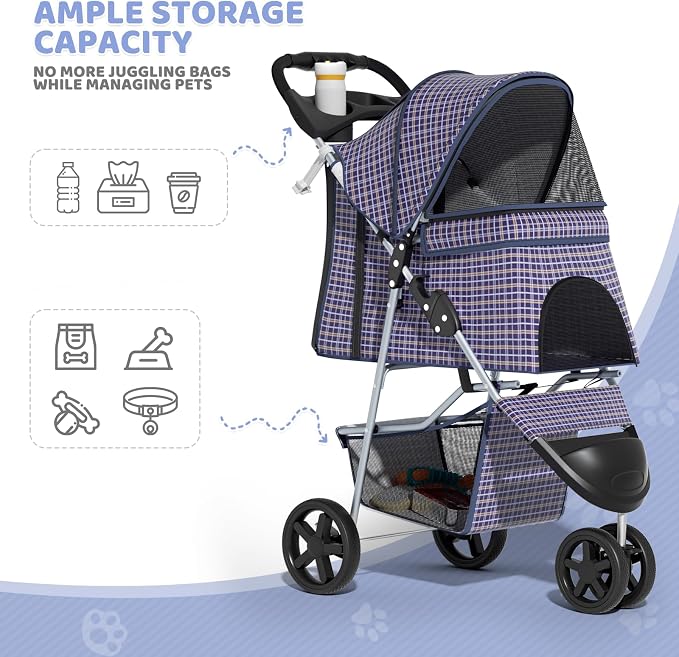 Magshion 3-Wheel Pet Stroller for Small/Medium Dogs & Cats, Up to 33lbs | Foldable Travel Jogger w/ Breathable Mesh Cover, Lightweight Design, Safety Tethers, Cup Holder & Storage Basket