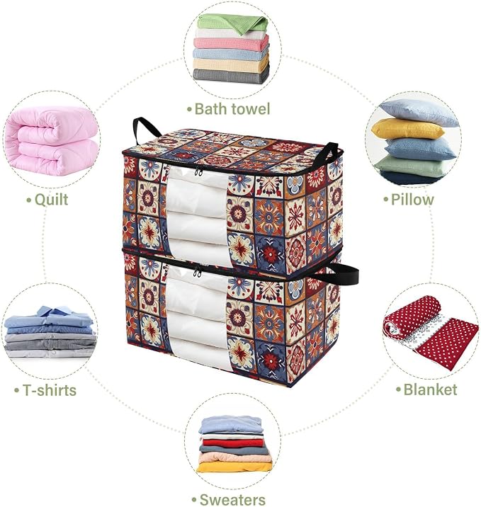 Generic Beige Mexican Tiles Clothes Storage Bag Bins 2 Pack Foldable Storage Containers Large Closet Organizer with Zipper Storage Cubes for Pillows Clothing Comforters 95L, g355896794p976c1037s2358